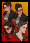  1girl absurdres armor art_by_crazytom black_border black_hoodie black_jacket border breasts brown_eyes brown_hair collarbone gradient_background grey-framed_eyewear grey_shirt hair_bun highres hood hoodie iron_man iron_man_(series) jacket lapels lips long_hair looking_to_the_side marvel marvel_cinematic_universe medium_breasts multiple_views open_clothes open_jacket orange_background outside_border pink-tinted_eyewear power_armor red_armor red_background red_lips russian_commentary shirt sunglasses superhero_costume t-shirt teeth tinted_eyewear tony_stark two-tone_background upper_body 