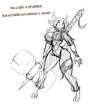  2019 abs absurd_res anthro anthrofied bovid bovine breasts cleavage clothed clothing dialogue english_text female friendship_is_magic hammer hi_res jrvanesbroek mammal monochrome muscular muscular_female my_little_pony pose sketch solo text tools yak yona_(mlp) 