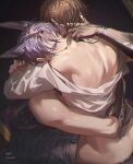  2boys anal animal_ears artist_name ass back baegji13 bare_shoulders bite_mark biting biting_neck black_gloves blush brown_hair clothes_pull eiden_(nu_carnival) extra_ears fingernails fox_boy fox_ears gloves grey_pants hand_in_another&#039;s_hair hand_on_another&#039;s_neck heterochromia highres hug implied_sex jewelry kuya_(nu_carnival) looking_at_another male_focus motion_blur multiple_boys nail_polish necklace nu_carnival off_shoulder pants pants_pull partially_fingerless_gloves purple_eyes purple_hair purple_nails sex sharp_fingernails shiny_skin shirt short_hair sitting sitting_on_lap sitting_on_person straddling sweat tail third-party_source twitter_username upright_straddle white_shirt yaoi yellow_eyes 