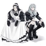  2boys absurdres black_hair blue_eyes blue_hair boots crossdressing crossdressing_(mtf) da_re666 dress earrings frilled_dress frills full_body getou_suguru getou_suguru_(kenjaku) grin hair_bun heterochromia highres jewelry jujutsu_kaisen knee_boots long_hair low-tied_long_hair mahito_(jujutsu_kaisen) maid maid_headdress male_focus male_maid multiple_boys pale_skin simple_background smile stitched_arm stitched_face stitched_forehead stitched_leg stitched_neck stitches twitter_username white_background white_dress yellow_eyes 