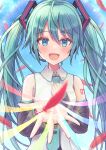  1girl absurdres aqua_eyes aqua_hair aqua_necktie aqua_trim blush breasts collared_shirt detached_sleeves falling_feathers feathers grey_skirt hair_between_eyes hair_ornament hatsune_miku headphones highres long_hair long_sleeves looking_at_viewer medium_breasts meemen necktie number_tattoo open_mouth red_feathers shirt skirt sleeveless sleeveless_shirt smile solo tattoo twintails very_long_hair vocaloid white_shirt wide_sleeves 