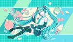  1girl :d aqua_eyes aqua_hair aqua_theme arm_tattoo black_boots black_skirt black_sleeves boots candy collared_shirt colorful_palette cookie cup detached_sleeves food full_body game_cg green_necktie grid hair_ornament hairclip hatsune_miku highres holding holding_cup holding_spoon ice_cream ice_cream_cup long_hair long_sleeves melon_soda miniskirt musical_note necktie number_tattoo official_art open_mouth pleated_skirt project_sekai shirt skirt sleeveless sleeveless_shirt smile soft_serve solo spoon tattoo thigh_boots third-party_source tie_clip tongue twintails very_long_hair vocaloid white_shirt wrapped_candy 