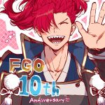  1boy anniversary closed_eyes commentary_request fate/grand_order fate_(series) grid_background hair_over_one_eye highres jinbaori looking_at_viewer male_focus mori_nagayoshi_(fate) mori_nagayoshi_(second_ascension)_(fate) open_mouth outline pink_background red_hair sharp_teeth smile solo star_(symbol) teeth uni_(nico02) upper_body waving 