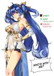  1girl absurdres ahoge ancient_greek_clothes bare_shoulders blue_eyes blue_hair breasts cleavage colored_tips commentary english_commentary english_text gold_bra greco-roman_clothes hair_belt halterneck hand_on_own_hip hand_on_own_thigh head_wreath highres iuno_(wuthering_waves) jewelry long_hair looking_at_viewer medium_breasts multicolored_hair parted_lips rezilism simple_background solo thighlet thighs twintails twitter_strip_game underboob very_long_hair white_background wuthering_waves 