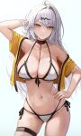  1girl absurdres adapted_costume ahoge alternate_costume arm_up bare_shoulders bikini breasts closed_mouth collarbone commentary cowboy_shot hair_ornament hand_on_own_hip hashtag-only_commentary highres jacket large_breasts long_hair looking_at_viewer mookyuu9 multi-strapped_bikini_bottom navel orange_eyes side-tie_bikini_bottom sideboob single_hair_intake smile solo stomach swimsuit underboob white_background white_bikini yellow_jacket yixuan_(zenless_zone_zero) zenless_zone_zero 