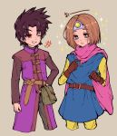  2boys absurdres black_hair blue_eyes brown_hair cape circlet cosplay costume_switch dragon_quest dragon_quest_iii dragon_quest_xi earrings gloves hero_(dq11) highres jewelry long_hair male_focus multiple_boys open_mouth roto roto_(cosplay) short_hair smile user_rgzs8327 