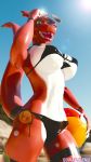  2019 3d_(artwork) anthro ball beach beach_ball big_breasts bikini breasts clothed clothing day detailed_background digimon digimon_(species) digital_media_(artwork) eyewear female glasses guilmon hi_res looking_at_viewer mammal open_mouth outside reptile scalie seaside sky smile solo sowat-blend standing sunglasses swimwear tongue video_games 