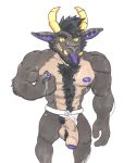  anthro azul_(artist) ball_tuft balls beard bodily_fluids body_hair bovid caprine chest_tuft clothing crotch_tuft demon ear_piercing facial_hair goat hair hairy_balls hi_res horn jockstrap krampus lactating male male_lactation mammal mostly_nude muscular muscular_male nipple_pinch nipples penis piercing pinch solo standing teeth tongue tongue_out tuft uncut underwear vein veiny_penis 