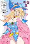  1girl absurdres bare_shoulders blonde_hair blue_dress blue_hat blue_leotard blush_stickers breasts cape cape_grab choker cleavage clothes_grab collarbone conical_hat dark_magician_girl dress duel_monster eyelashes gauntlets gem green_eyes green_gemstone hair_between_eyes hat head_tilt heart highres large_breasts laughing leotard long_hair looking_at_viewer naughty_face nico-neko off-shoulder_dress off-shoulder_leotard off_shoulder ojou-sama_pose open_mouth phrygian_helmet pink_cape pink_skirt red_gemstone showgirl_skirt skirt smile solo teasing teeth upper_teeth_only wizard_hat yu-gi-oh! 