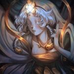  1girl breasts chinese_clothes cleavage closed_eyes cookie_run cookie_run:_kingdom diamond_(gemstone) giselle57325193 highres long_sleeves medium_breasts mystic_flour_cookie pale_skin robe solo veil white_hair white_robe white_veil wide_sleeves 