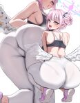  1girl absurdres alternate_costume ass ass_focus black_sports_bra blue_archive breasts cameltoe gradient_halo hair_bun halo high-waist_pants highres large_breasts long_hair looking_at_viewer low_wings mika_(blue_archive) multicolored_halo panties pants pink_hair pink_halo shoes sideboob single_side_bun sneakers sports_bra sportswear squatting tight_clothes tight_pants underwear white_pants white_wings wing_ornament wings woo_(woosan) yellow_eyes yoga_pants 
