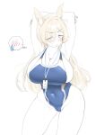  1girl animal_ears armpits arms_behind_back blue_archive blue_one-piece_swimsuit blush breasts cleavage competition_swimsuit dog_ears embarrassed groin huge_breasts kanna_(blue_archive) konmori_(kinbou_sokai) lanyard long_hair looking_at_viewer one-piece_swimsuit open_mouth simple_background sketch solo spoken_blush spoken_sweatdrop sweat sweatdrop swimsuit unfinished white_background 