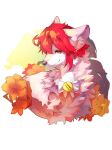  1girl animal_ear_fluff animal_ears artist_request bow bowtie closed_mouth commission cropped_torso fine_(futagohime) flower furrification furry furry_female fushigiboshi_no_futago_hime hair_between_eyes orange_flower red_eyes red_hair second-party_source short_hair smile snout solo white_background white_bow white_bowtie wolf_ears wolf_girl 