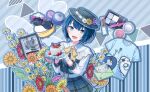  1girl :d banner belt bird blue_background blue_dress blue_eyes blue_hair blue_hat blue_outline blue_shirt blue_theme blueberry blush cake chocolate colorful_palette cosmetics dress envelope flower food fruit game_cg gloves hat hat_flower heart highres holding holding_plate kiritani_haruka letter lipstick_tube looking_at_viewer makeup_palette official_art orange_flower outline penguin plaid_hat plate postage_stamp project_sekai red_flower shirt smile solo strawberry t-shirt third-party_source timestamp tongue white_belt white_gloves yellow_flower 