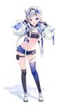 1girl :d absurdres adapted_costume amane_kanata amane_kanata_(work) angel_wings animal_ears asymmetrical_legwear beret black_choker black_gloves black_sports_bra black_thighhighs blue_hair blue_shorts blue_thighhighs blue_wings cat_ears cat_girl cat_tail choker colored_inner_hair commentary contrapposto drawstring feathered_wings frilled_shorts frills gloves gradient_legwear gradient_wings grey_hair hair_ornament hair_over_one_eye hair_rings hairclip halo hands_up hat highres hololive hooded_shrug long_sleeves looking_at_viewer low_twintails mini_wings multicolored_hair multicolored_wings navel official_alternate_costume official_alternate_hairstyle open_fly open_mouth over-kneehighs panties parallel_hairclips parted_bangs partially_fingerless_gloves pink_hair pouch puffy_long_sleeves puffy_sleeves purple_eyes ribbon_choker shoes short_shorts shorts shrug_(clothing) single_hair_intake single_over-kneehigh single_thighhigh smile sneakers solo sports_bra star_halo stomach streaked_hair tail thigh_pouch thigh_strap thighhighs twintails underwear uneven_legwear ureinnn virtual_youtuber white_hat white_panties white_shoes white_shrug white_wings wings 