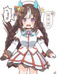  1girl 1other @_@ ^^^ animal_ears asymmetrical_gloves beret black_gloves blush bow braid breasts brown_hair commentary_request gloves hair_bow hair_ornament half_gloves hat highres hokko_tarumae_(umamusume) horse_ears horse_girl horse_tail long_hair looking_at_viewer low_twintails medium_breasts mismatched_gloves multicolored_hair open_mouth pleated_skirt purple_eyes rakugakiraid shirt signature simple_background skirt solo_focus star_(symbol) star_hair_ornament stiff_tail striped_bow sweat t-head_trainer_(umamusume) tail trainer_(umamusume) translation_request twin_braids twintails two-tone_hair umamusume v-shaped_eyebrows very_long_hair white_background white_gloves white_hair white_hat white_shirt white_skirt 