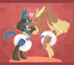 anthro black_sclera blush bubblepuppers diaper duo eyes_closed female generation_4_pokemon hand_holding heart_symbol human humanoid lagomorph leporid looking_at_another lopunny love lucario male male/female mammal nervous nervous_smile nintendo pokemon pokemon_(species) red_eyes romantic romantic_couple simple_background smile spikes tail thick_thighs wide_hips