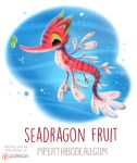  ambiguous_gender beady_eyes black_eyes cryptid-creations dot_eyes dragon_fruit duo feral fish food food_creature fruit green_scales humor marine plant pun scales seadragon_(fish) seahorse size_difference syngnathid syngnathiform underwater visual_pun water 