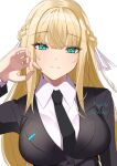  1girl absurdres black_jacket blonde_hair braid breasts green_eyes half_up_braid heaven_burns_red highres jacket large_breasts long_hair long_sleeves necktie negino_yurine ribbon shirt smile solo toujou_tsukasa white_ribbon white_shirt 