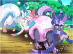 alternate_color ambiguous_gender angry black_nose black_pawpads blue_body blue_eyes blue_fur blue_inner_ear blue_tail blush blush_lines border bow_(anatomy) claws clean_diaper clothed clothing cross-popping_vein detailed_background dialogue diaper diaper_only diaper_puff digitigrade dirt ditto_(pokemon) duo eeveelution english_text fangs feral fur generation_1_pokemon generation_6_pokemon gloves_(marking) grey_body grey_fur hand_on_diaper heart_symbol hi_res jupiters looking_at_another looking_at_partner looking_back looking_back_at_another looking_back_at_partner markings mimi_(burritokitten) multicolored_body multicolored_fur neck_bow nintendo one_eye_closed open_mouth outside pandora_(burritokitten) pawpads pawprint_print pink_body pink_eyes pink_fur plant pokemon pokemon_(species) purple_body purple_fur purple_inner_ear purple_tail rock sylveon tail teeth text tongue tongue_out topless touching_diaper tree wearing_diaper white_body white_border white_bow white_fur