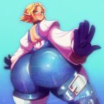  1:1 5_fingers big_butt blonde_hair blue_eyes blush breath_of_the_wild butt clothed clothing hair hi_res huge_butt humanoid humanoid_pointy_ears hylian mammal nintendo not_furry princess_zelda riendonut short_hair solo the_legend_of_zelda thick_thighs video_games 