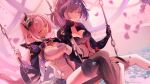  2girls absurdres black_boots black_dress black_gloves black_shorts boots breasts cherry_blossoms cleavage closed_eyes closed_mouth corset detached_sleeves dress elf elysia_(honkai_impact) elysia_(miss_pink_elf)_(honkai_impact) falling_petals gloves hair_ornament high_heel_boots high_heels highres honkai_(series) honkai_impact_3rd large_breasts long_hair long_sleeves mofumanju multiple_girls on_swing petals pink_hair pink_sky pointy_ears ponytail purple_eyes purple_hair raiden_mei raiden_mei_(danzai_spectramancer) raiden_mei_(orochi_cuirass) short_shorts shorts single_glove sitting sky smile swing swing_set thighs warm_colored white_corset yuri 