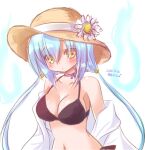  1girl akino_sakura alternate_costume artist_name bikini black_bikini blue_hair bow bow_flower breasts collar dated emil_chronicle_online fireball flower hair_bow hat hat_flower jacket large_breasts long_hair low_twintails purple_collar straw_hat sunflower swimsuit twintails upper_body white_jacket wisp_alma yellow_eyes 