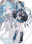  1girl :t absurdres bandaged_leg bandages black_hat black_ribbon black_shoes blue_dress blue_eyes blue_hair blush braid braided_hair_rings closed_mouth double_bun dress full_body hair_bun hair_rings hashtag-only_commentary hat hatsune_miku highres leg_warmers long_hair long_sleeves looking_at_viewer neck_ribbon ofuda ofuda_on_head pleated_dress ribbon shoes simple_background solo standing touyu_1210 twin_braids vocaloid white_background wide_sleeves 