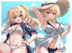  bench bikini bikini_under_clothes blonde_hair blue_bikini blue_eyes blue_shirt blue_sky breasts cloud commentary_request day dress feet_out_of_frame flower grey_eyes hair_between_eyes hair_ornament hairclip hand_on_own_hip hat hat_flower highres kantai_collection kasashi_(kasasi008) large_breasts long_hair looking_at_viewer medium_hair minneapolis_(kancolle) navel open_clothes open_shirt outdoors red_flower shirt sky sleeveless sleeveless_dress smile straw_hat sun_hat sundress swimsuit tuscaloosa_(kancolle) tuscaloosa_(swimsuit)_(kancolle) two_side_up wavy_hair white_bikini white_dress 