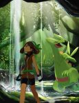  1girl bike_shorts black_shorts blue_eyes brown_hair closed_eyes floating_hair gen_3_pokemon gloves green_bandana haruka_(pokemon) jacket pokemon pokemon_(game) pokemon_rse popcorn_91 profile red_jacket sceptile short_hair short_shorts shorts sleeveless_jacket water 