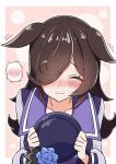  1girl absurdres akkunz animal_ears black_hair blush closed_eyes collarbone ears_down flower hair_over_one_eye hat hat_flower highres holding holding_unworn_clothes holding_unworn_hat horse_ears horse_girl long_hair long_sleeves motion_lines purple_hat purple_sailor_collar purple_shirt rice_shower_(umamusume) sailor_collar shirt solo spoken_blush umamusume unworn_hat unworn_headwear very_long_hair waiting_for_headpat 