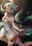  1girl absurdres aqua_eyes aqua_hair bare_shoulders breasts cleavage collarbone dress gold_armlet gold_choker gramophone_miku hair_between_eyes hair_ornament hatsune_miku highres long_hair looking_at_viewer medium_breasts miku_symphony_(vocaloid) number_tattoo official_alternate_costume official_alternate_hairstyle open_mouth short_dress smile solo strapless strapless_dress tattoo tutu very_long_hair vocaloid white_dress yoru_usagi 