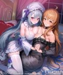  2girls :o ahoge artist_name asymmetrical_docking babydoll bare_shoulders barefoot bed black_negligee black_nightgown black_panties blue_ribbon blush breast_press breasts brown_eyes brown_hair clare_(evertale) cleavage clenched_teeth collarbone copyright_logo copyright_name copyright_notice cuboon curtains detached_collar detached_sleeves embarrassed evertale floral_print frilled_babydoll frilled_hat frilled_headwear frilled_negligee frilled_nightgown frilled_sleeves frills grey_hair hair_between_eyes hat heart heart-shaped_pillow highres holding_hands indoors large_breasts leg_ribbon logo long_hair looking_at_viewer low-tied_long_hair mob_cap multiple_girls nail_polish negligee nightgown no_shoes official_alternate_costume official_art on_bed panties panties_visible_through_clothes parted_lips pillow pink_nails purple_eyes red_pillow ribbon rizette_(evertale) see-through_babydoll see-through_clothes see-through_nightgown shiny_skin side-tie_panties sidelocks sitting sleepwear swept_bangs teeth thigh_ribbon thighhighs thighs underwear very_long_hair wariza white_babydoll white_nightgown white_panties white_ribbon white_thighhighs window yuri 