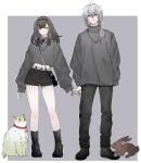  1boy 1girl absurdres animal arknights arm_at_side artist_name belt black_eyes black_hairband black_pants black_shirt black_shoes black_shorts blush border brown_hair cat crossed_bangs doctor_(arknights) dr.deims_(dim5s) full_body grey_background grey_belt grey_hair hair_between_eyes hairband highres holding_hands long_sleeves looking_at_viewer male_doctor_(arknights) medium_hair midriff_peek navel outside_border pants priestess_(arknights) purple_eyes rabbit shirt shoes short_shorts shorts simple_background sleeves_past_wrists smile standing turtleneck turtleneck_shirt watermark white_border 
