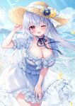  1girl beach blue_dress blue_eyes blue_sky blush breasts cleavage detached_collar dress flower frills hair_between_eyes hat hat_flower large_breasts long_hair looking_at_viewer mitsuba_choco ocean one_eye_closed open_mouth original red_eyes ribbon short_sleeves sky smile solo straw_hat sun_hat very_long_hair water 