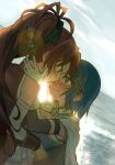  2girls bare_shoulders black_bow blue_eyes blue_hair blush bow cape cropped_legs detached_sleeves dutch_angle forehead-to-forehead fortissimo gloves hair_bow hair_ornament hand_on_another&#039;s_neck hand_on_another&#039;s_waist heads_together long_hair looking_at_another magical_girl mahou_shoujo_madoka_magica miki_sayaka miki_sayaka_(magical_girl) multiple_girls nose_blush ponytail red_eyes red_hair ryy0918 sakura_kyoko sakura_kyoko_(magical_girl) short_hair smile white_gloves yuri 