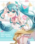  1girl 39 aqua_eyes aqua_hair beret blonde_hair blush bow bowtie collarbone cropped_jacket flag hand_up happy_birthday hat hatsune_miku highres holding holding_flag long_hair long_sleeves looking_at_viewer magical_mirai_(vocaloid) magical_mirai_miku magical_mirai_miku_(2024) multicolored_hair official_alternate_costume official_alternate_hairstyle open_mouth pink_bow pink_bowtie pleated_skirt shorts shorts_under_skirt skirt smile solo twintails umannzu very_long_hair vocaloid white_hat yellow_skirt 