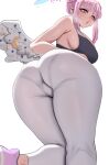  1girl absurdres alternate_costume ass ass_focus black_sports_bra blue_archive breasts cameltoe from_below gradient_halo hair_bun halo high-waist_pants highres large_breasts long_hair looking_at_viewer low_wings mika_(blue_archive) multicolored_halo panties pants pink_hair pink_halo shoes sideboob simple_background single_side_bun sneakers solo sports_bra sportswear tight_clothes tight_pants underwear white_background white_pants white_wings wing_ornament wings woo_(woosan) yellow_eyes yoga_pants 