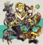  1girl bangs black_hairband black_legwear blonde_hair blue_eyes blunt_bangs breasts character_request choker cleavage collarbone full_body grey_background gym_leader hairband kamitsure_(pokemon) kantarou_(8kan) kneeling open_mouth pantyhose parted_lips pokemon pokemon_(game) pokemon_bw short_hair sideboob small_breasts solo 