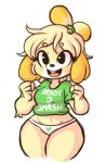  animal_crossing anthro black_eyes blonde_hair breasts buckteeth canid canine canis clothing domestic_dog eyelashes female fur hair hi_res isabelle_(animal_crossing) mammal midriff navel nintendo open_mouth panties pixpet shih_tzu shirt simple_background smile teeth tied_hair topwear toy_dog underwear video_games white_background wide_hips yellow_fur 