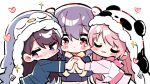  3girls :3 bang_dream! bang_dream!_it&#039;s_mygo!!!!! blue_shirt blue_shorts blush chihaya_anon commentary grey_hair group_hug heart highres holding_hands hug jacket long_hair long_sleeves mole mole_under_eye multiple_girls pink_hair pink_jacket purple_eyes red_eyes shiina_taki shirt short_hair shorts simple_background sparkle takamatsu_tomori white_background zhanzhangzlw 