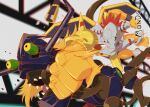  armor artist_name clenched_hands colored_skin diablomon digimon digimon_(creature) digimon_adventure digimon_adventure:_bokura_no_war_game digimon_day dragon green_eyes helmet highres orange_skin punching red_hair short_hair smear_frame supermondobeat wargreymon 