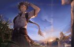  1other 2boys 2girls :d absurdres animal_ears arknights arm_up basket black_cape black_hair blonde_hair blue_sky braid braided_ponytail brown_hair cape closed_mouth cloud colored_extremities commentary day diffraction_spikes dragon_girl dragon_horns dragon_tail english_commentary grain_buds_(arknights) green_eyes grin haaahoi hand_on_own_hip highres holding holding_basket horns jacket jewelry lens_flare long_hair looking_at_viewer multicolored_hair multiple_boys multiple_girls necklace open_mouth outdoors outstretched_arm plant pointy_ears pouch purple_hair red_cape shirt short_hair short_sleeves shu_(arknights) sky smile standing sun tail two-sided_cape two-sided_fabric wan_qing_(arknights) waving_arm wheat white_hair white_horns white_jacket white_shirt wind yellow_eyes zuo_le_(arknights) 