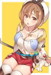  :d atelier_(series) atelier_ryza breasts brown_hair cleavage commentary_request hat highres jewelry looking_at_viewer necklace open_mouth red_shorts reisalin_stout shiyo_yoyoyo short_hair short_shorts shorts smile star thighhighs thighs white_headwear white_legwear 