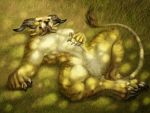  4:3 4_ears 4_horns casual_nudity charr claws crotch_tuft eyes_closed felid fluffy grass guild_wars hand_on_stomach hi_res horn jocarra light lying male mammal multi_ear multi_horn muscular muscular_male nude on_back outside sleeping solo spread_legs spreading sunlight tail_tuft teeth toe_claws tuft tusks video_games 