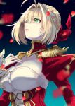  1girl ahoge bangs blonde_hair braided_bun breasts cleavage eyebrows_visible_through_hair fate/extra fate_(series) green_eyes hair_between_eyes hair_intakes highres large_breasts long_sleeves looking_up nero_claudius_(fate) nero_claudius_(fate)_(all) open_mouth red_sleeves ro96cu short_hair shrug_(clothing) solo strapless upper_body 