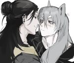  2boys absurdres adam&#039;s_apple animal_ears black_hair blue_eyes blue_hair cat_boy cat_ears da_re666 getou_suguru getou_suguru_(kenjaku) grey_eyes hair_bun heterochromia highres jujutsu_kaisen long_hair looking_at_another mahito_(jujutsu_kaisen) male_focus multiple_boys pale_skin smile stitched_face stitched_torso stitches upper_body white_background 