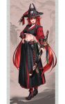 black_boots black_hat black_shirt black_skirt boots breasts goddess_of_victory:_nikke hat highres korean_clothes korean_traditional_hat large_breasts multicolored_boots navel red_boots red_hair red_hood_(nikke) red_shirt red_skirt shirt skirt toriseru_(rare_stone) two-tone_boots two-tone_shirt two-tone_skirt underboob yellow_eyes 