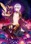  1boy abs bangs bishounen chest earrings fate/grand_order fate_(series) genderswap genderswap_(ftm) jewelry kama_(fate/grand_order) long_hair looking_at_viewer male_focus no_nipples outstretched_arm pelvic_curtain pin1004 red_eyes silver_hair single_earring solo thighhighs toned toned_male twitter_username 