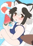  1girl alternate_costume animal_ears bare_arms bare_legs bare_shoulders blue_one-piece_swimsuit blush brown_eyes brown_hair extra_ears food from_above fruit hair_between_eyes highres innertube kemono_friends kumasyan1998 looking_at_viewer looking_up multicolored_hair one-piece_swimsuit poolside raccoon_ears raccoon_girl raccoon_tail school_swimsuit short_hair sidelocks sitting sleeveless solo spaghetti_strap swim_ring swimsuit tail tanuki_(kemono_friends) two-tone_hair watermelon watermelon_slice white_hair 